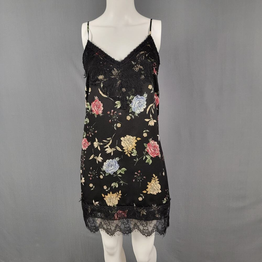 Bershka Slip Dress Small Black Floral Lace Trim Romantic Satincore